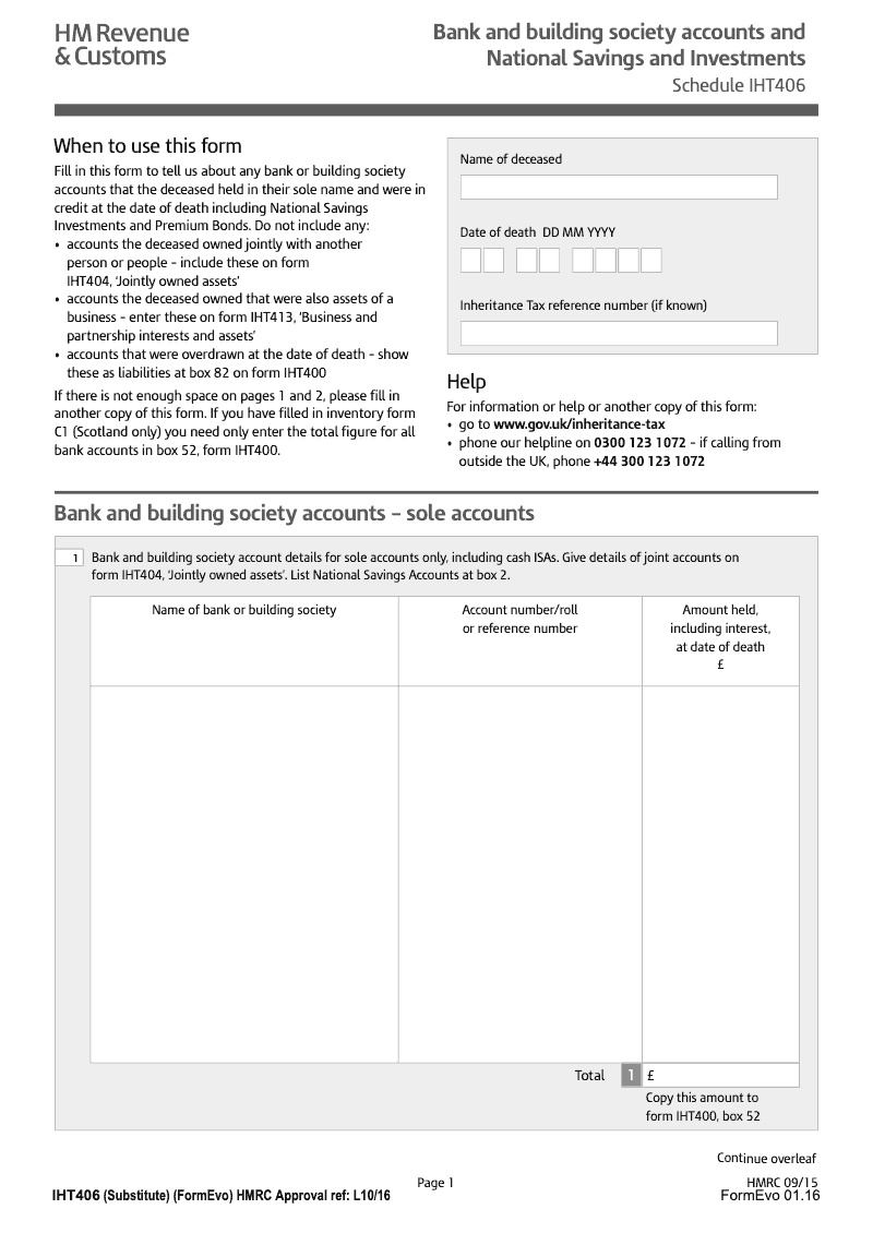 SA IHT406 Bank and building society accounts and National Savings Investments Schedule IHT406 Standalone version preview