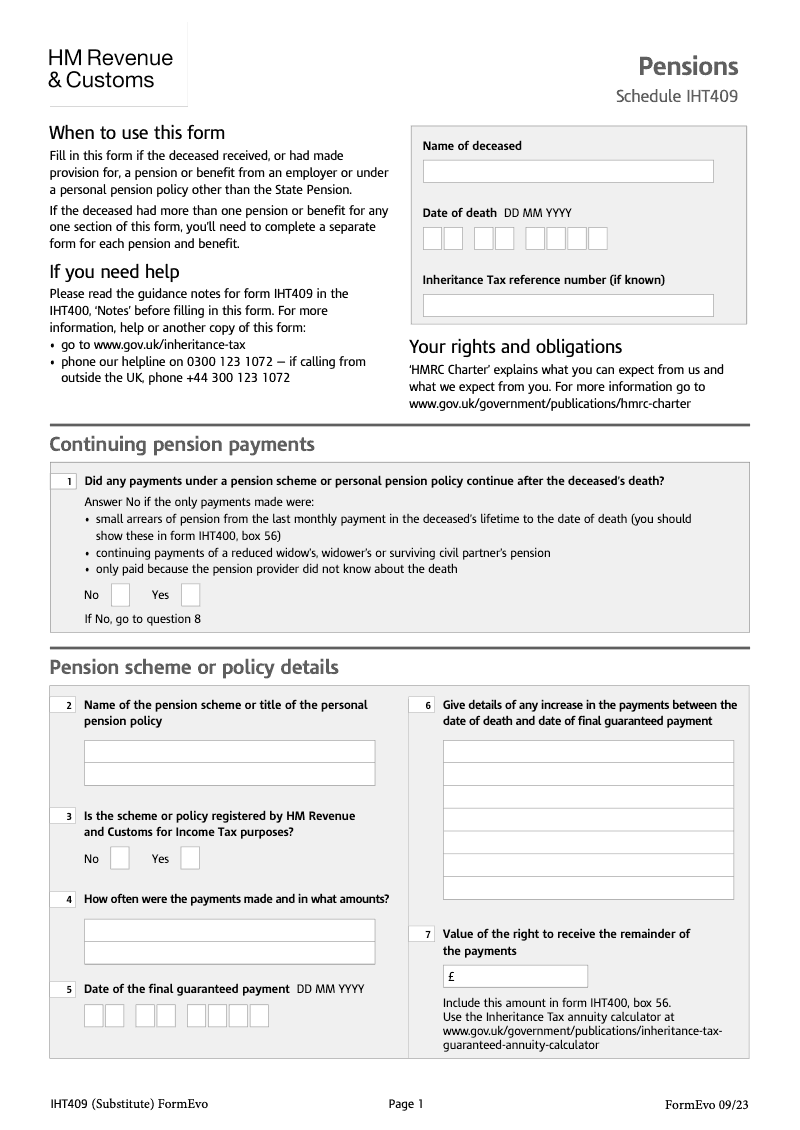 SA IHT409 Pensions Schedule IHT409 Standalone version preview