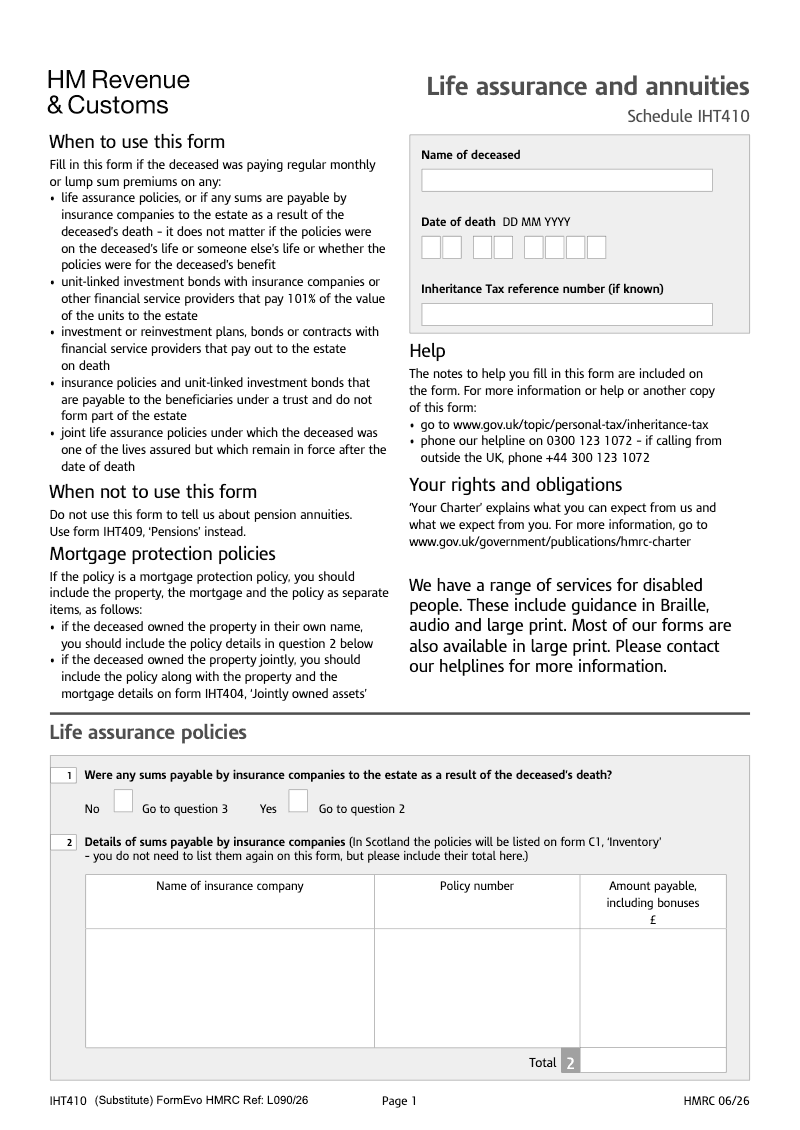 SA IHT410 Life assurance and annuities Schedule IHT410 Standalone version preview