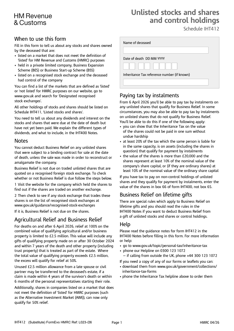 SA IHT412 Unlisted stocks and shares and control holdings Schedule IHT412 Standalone version preview