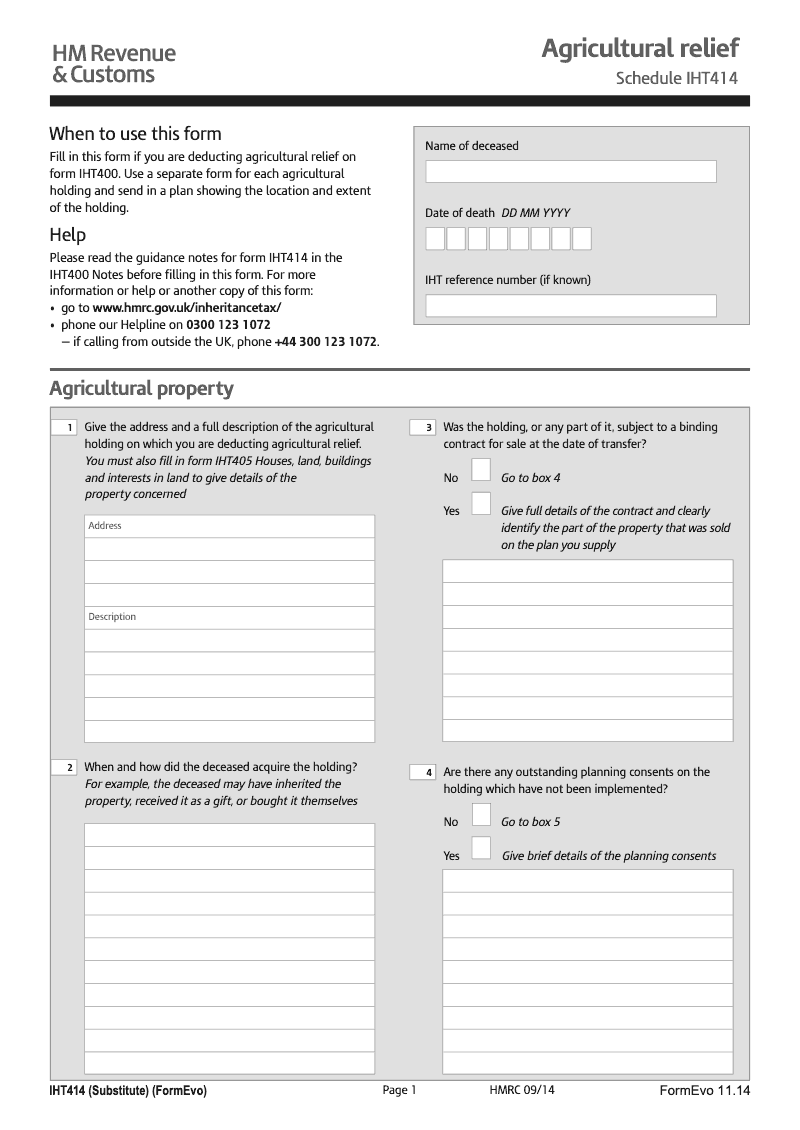 SA IHT414 Agricultural relief Schedule IHT414 Standalone version preview