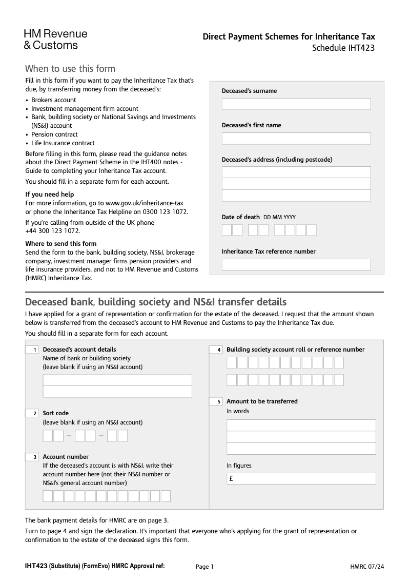 SA IHT423 Direct Payment Scheme Bank Building Society or National Savings and Investments NS I account Schedule IHT423 Standalone version preview