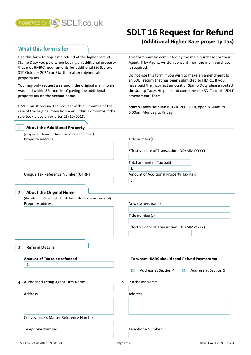 SDLT 16 Refund Request for Refund SDLT 16 Stamp Duty Land Tax Additional Property Higher Rate Tax preview