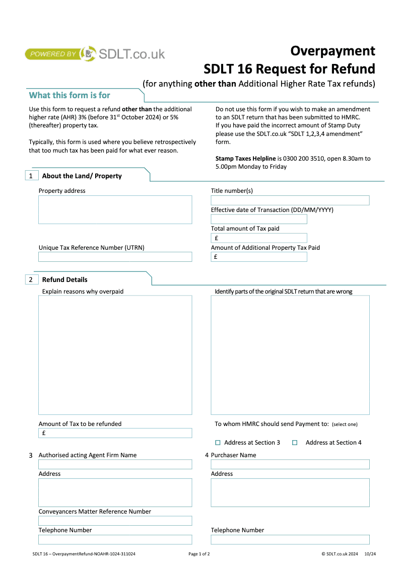 SDLT Overpayment Request for refund following over payment of Stamp Duty paid on a submitted SDLT return Stamp Duty Land Tax preview