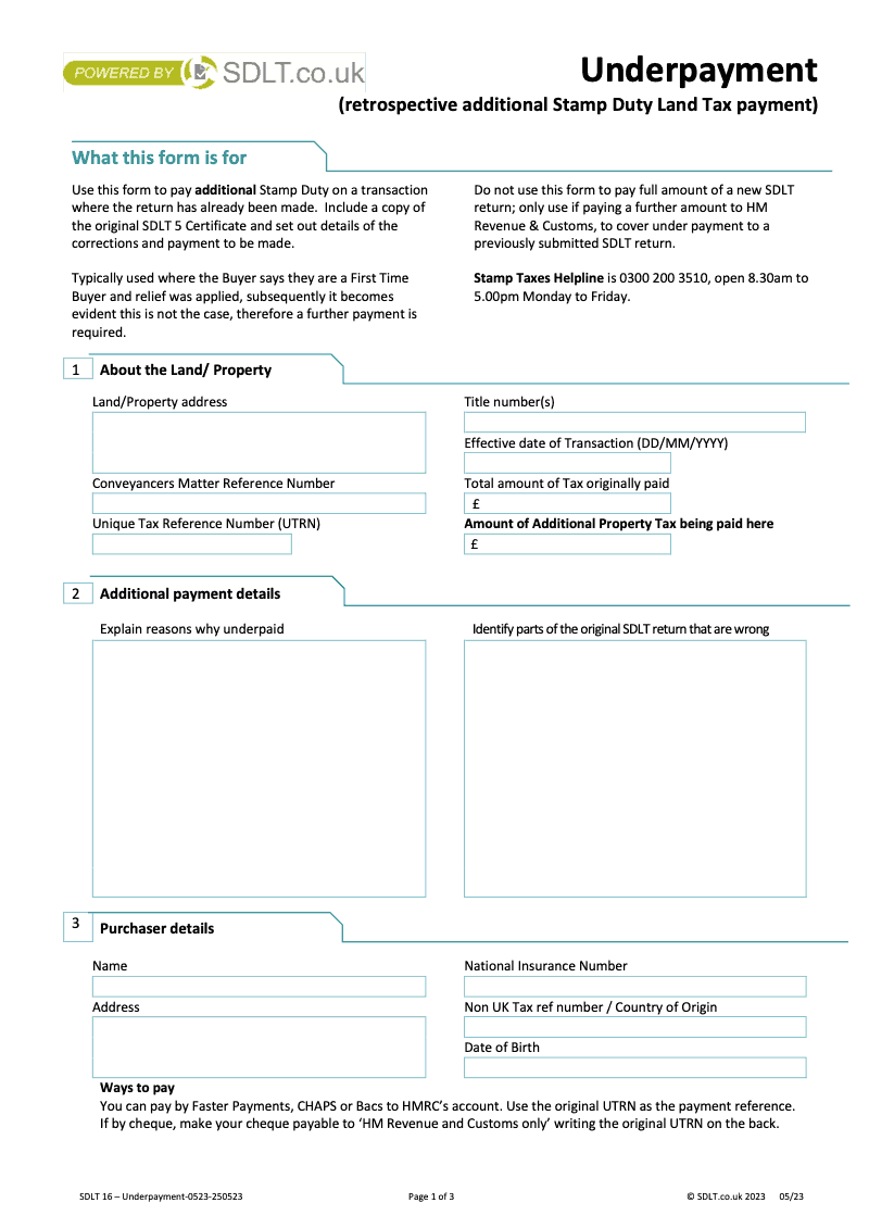 SDLT Underpayment Further payment of Stamp Duty underpaid on a submitted SDLT return Stamp Duty Land Tax preview