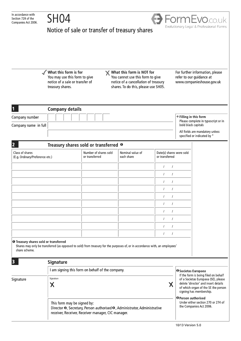 SH04 Notice of sale or transfer of treasury shares Section 728 preview