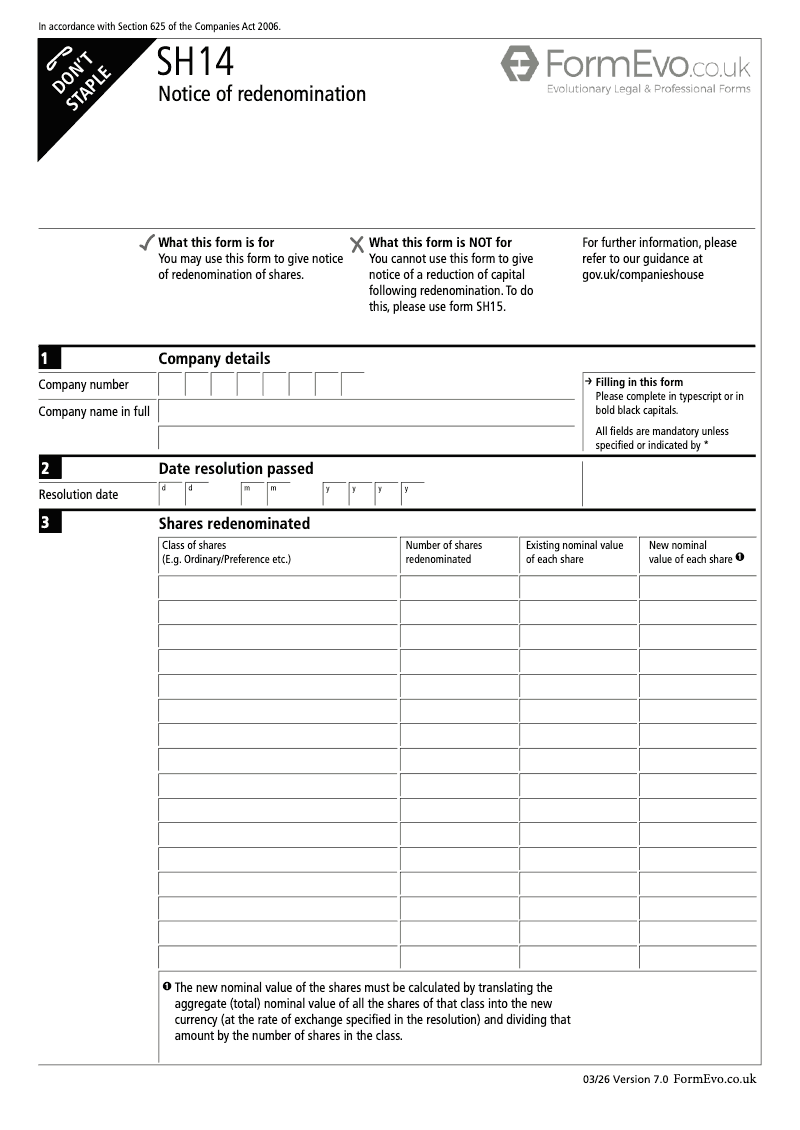 SH14 Notice of redenomination Section 625 preview