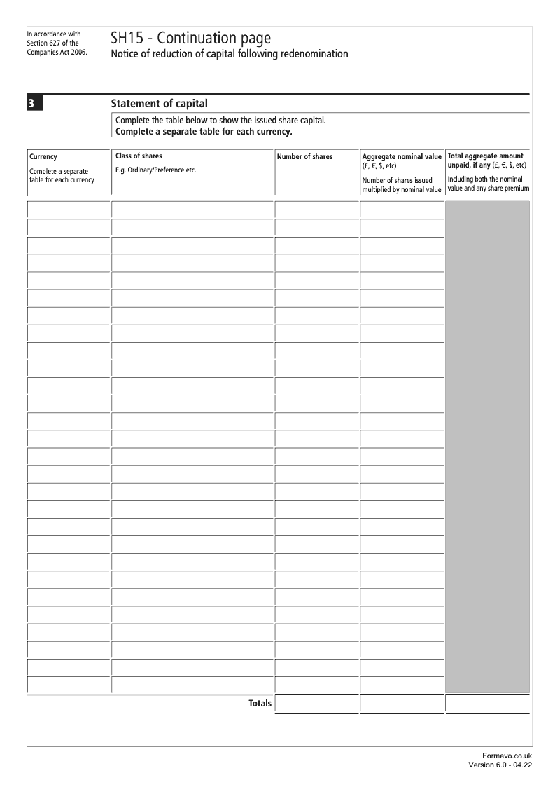 SH15 Continuation Page 1 Statement of capital continuation page SH15 Notice of reduction of capital following redenomination Section 627 preview