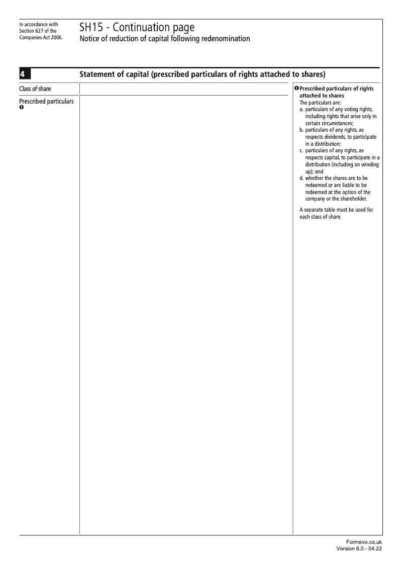 SH15 Continuation Page 2 Statement of capital Prescribed particulars of rights attached to shares continuation page SH15 Notice of reduction of capital following redenomination Section 627 preview