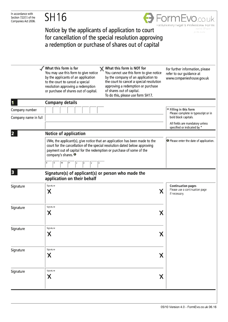 SH16 Notice by the applicants of application to court for cancellation of the special resolution approving a redemption or purchase of shares out of capital Section 722 1 preview