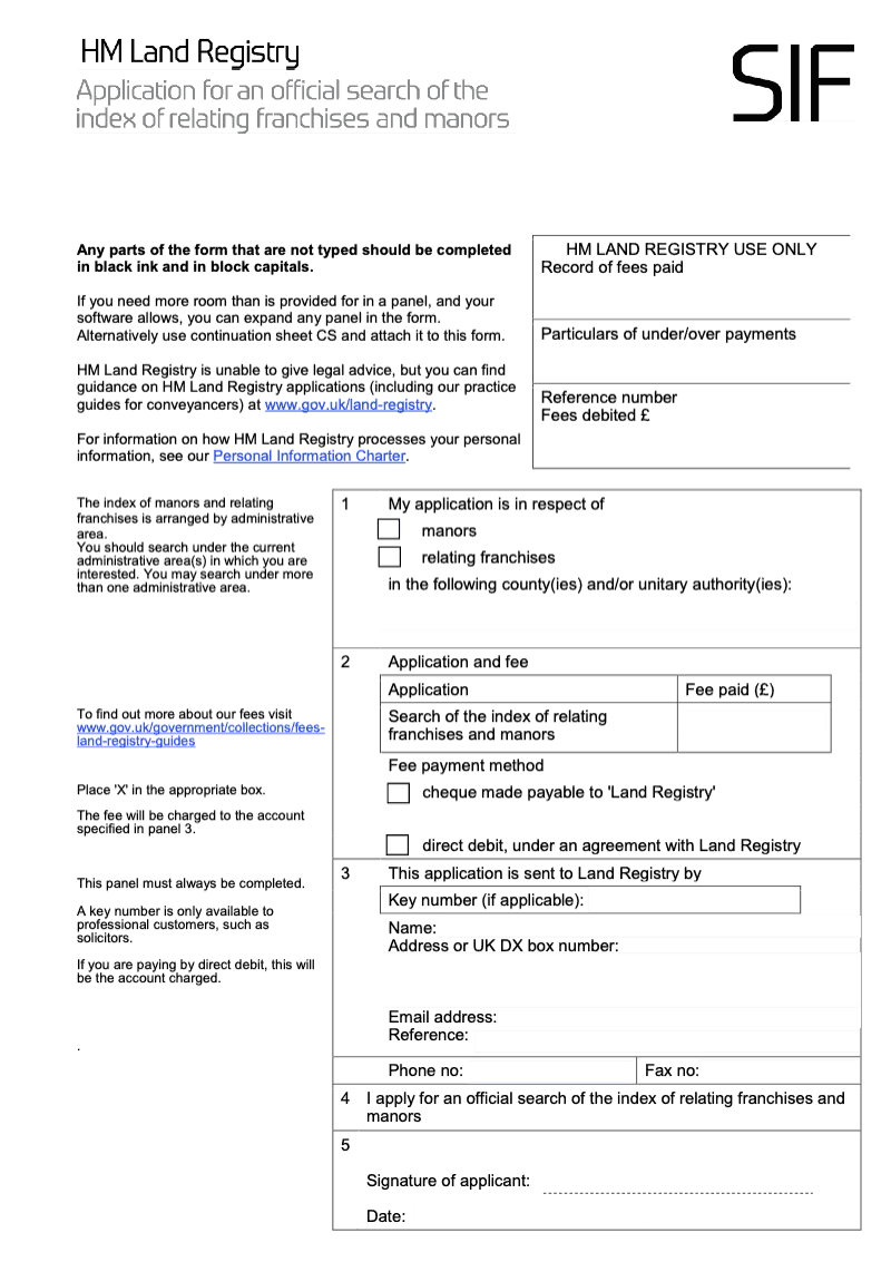 SIFX Application for an official search of the index of relating franchises and manors Word Version preview