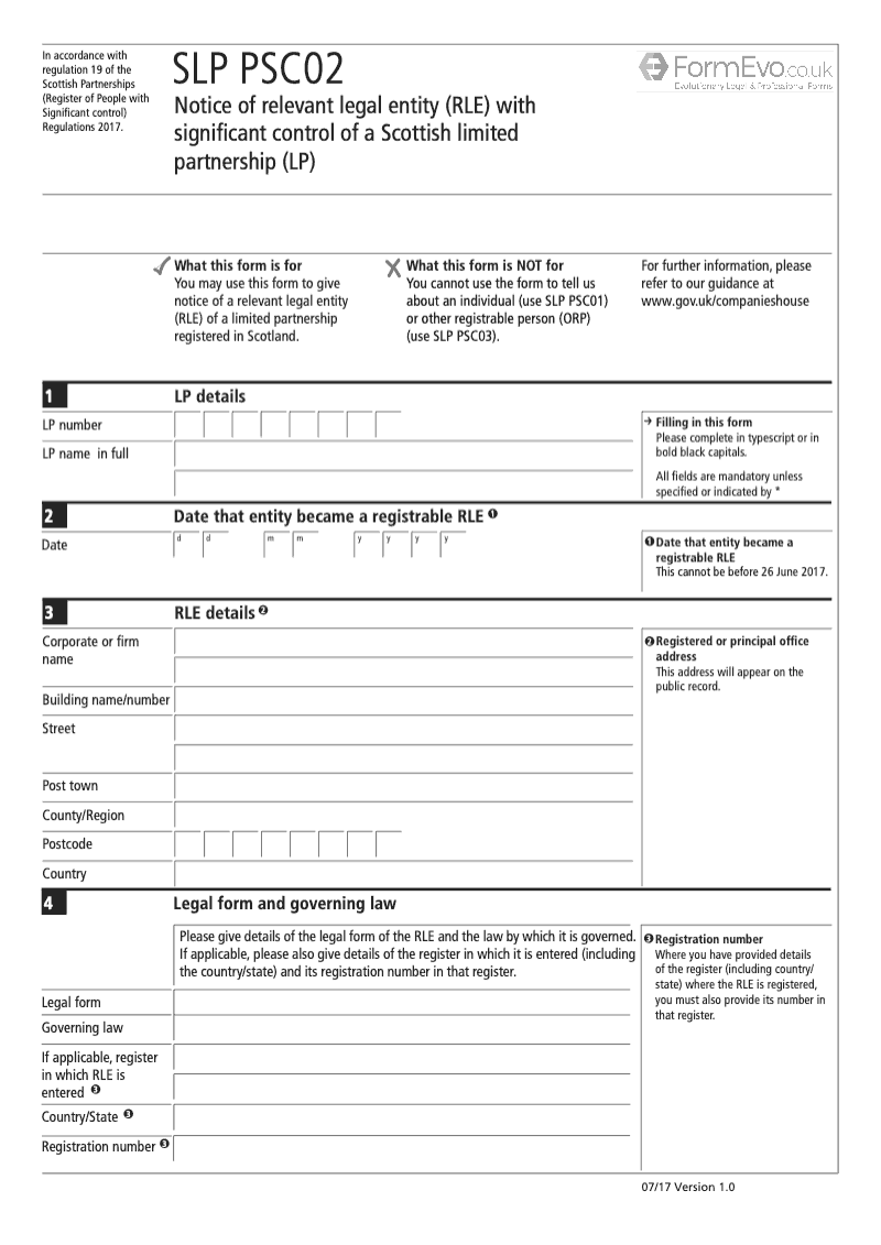 SLPPSC02 Notice of Relevant Legal Entity RLE with Significant Control of a Scottish Limited Partnership LP preview