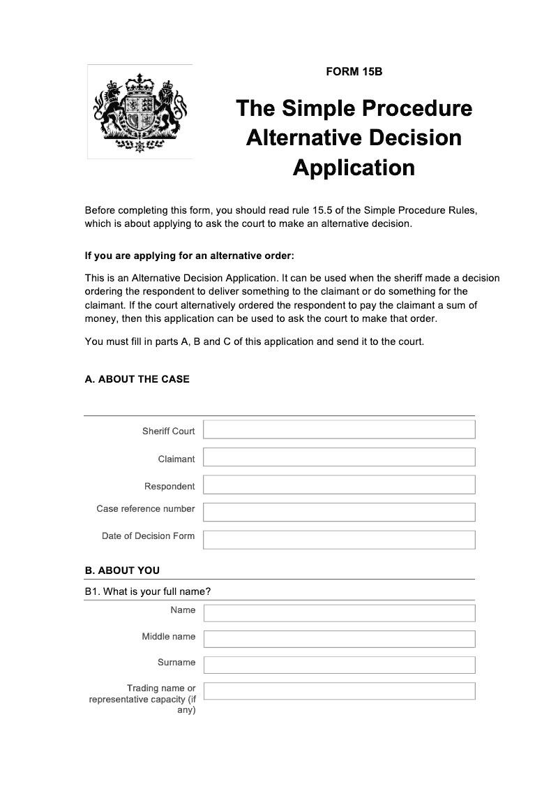 SP FORM15B Simple Procedure Alternative Decision Application preview
