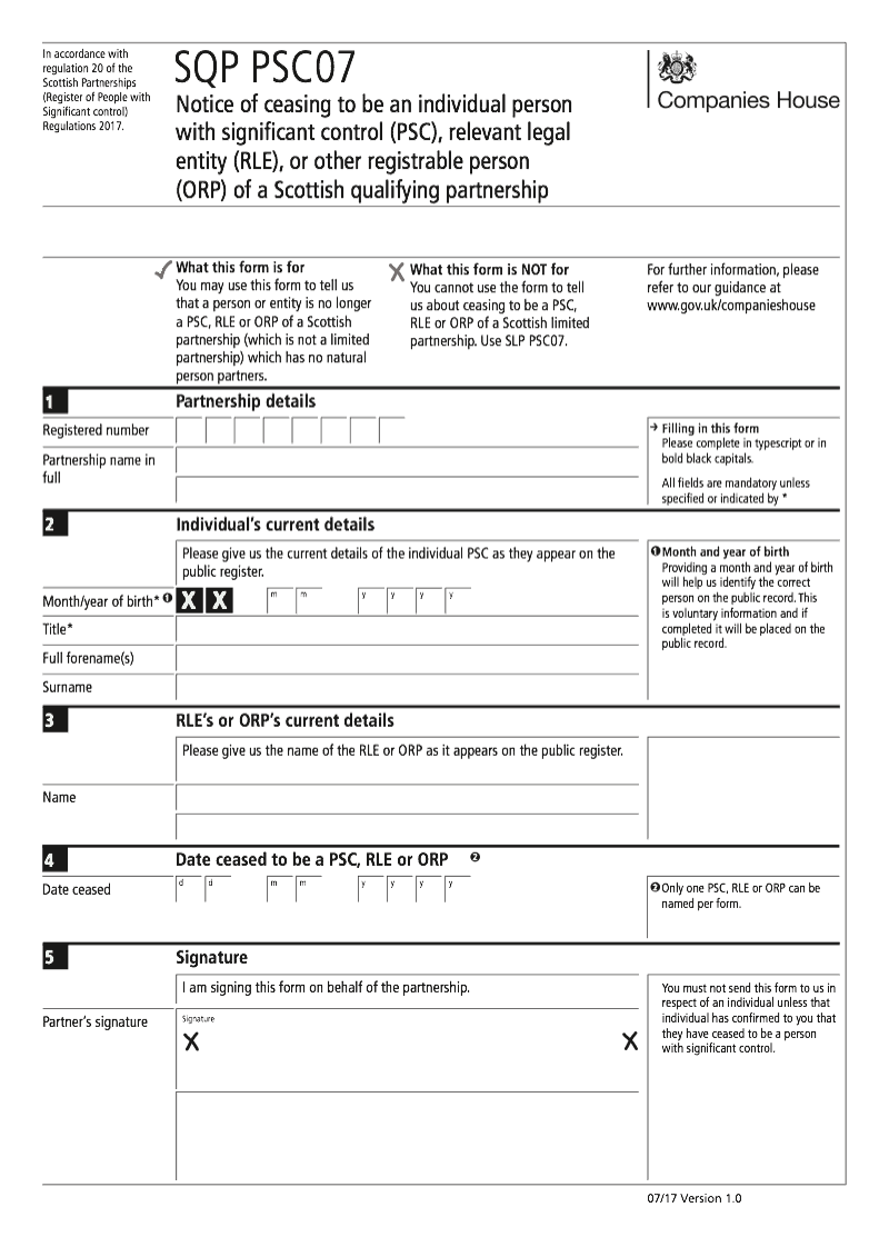 SQP PSC07 Notice of ceasing to be an individual person with significant control PSC relevant legal entity RLE or other registrable person ORP of a Scottish qualifying partnership preview