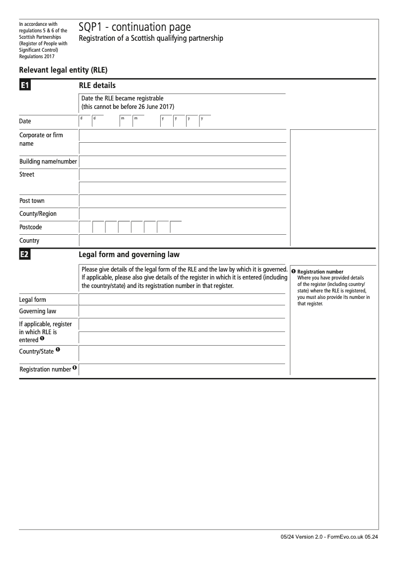 SQP1 Continuation Page 3 Section E Relevant legal entity RLE details continuation page SQP1 Registration of a Scottish qualifying partnership preview