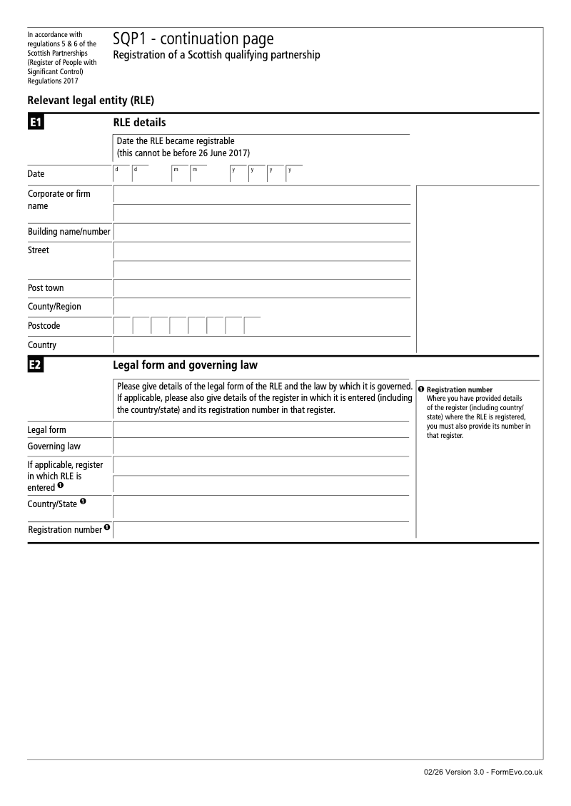 SQP1 Continuation Page 3 Section E Relevant legal entity RLE details continuation page SQP1 Registration of a Scottish qualifying partnership preview