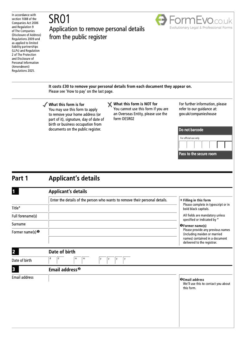 SR01 Application under section 1088 by an individual to make an address unavailable for public inspection preview
