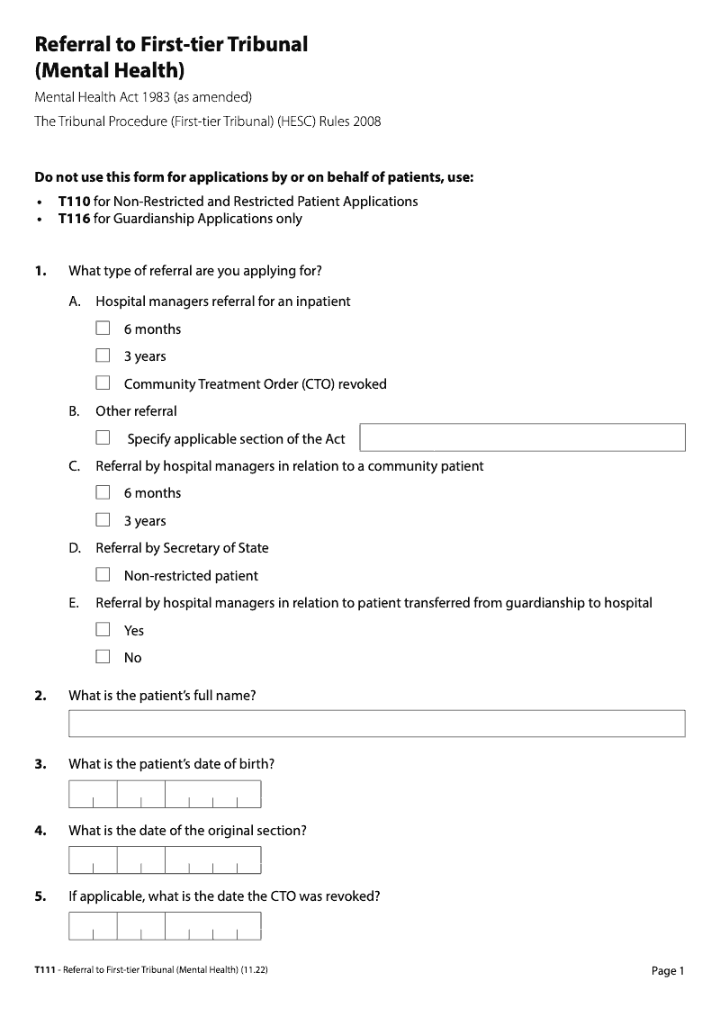 T111 Referral to First tier Tribunal Mental Health electronic signature available preview