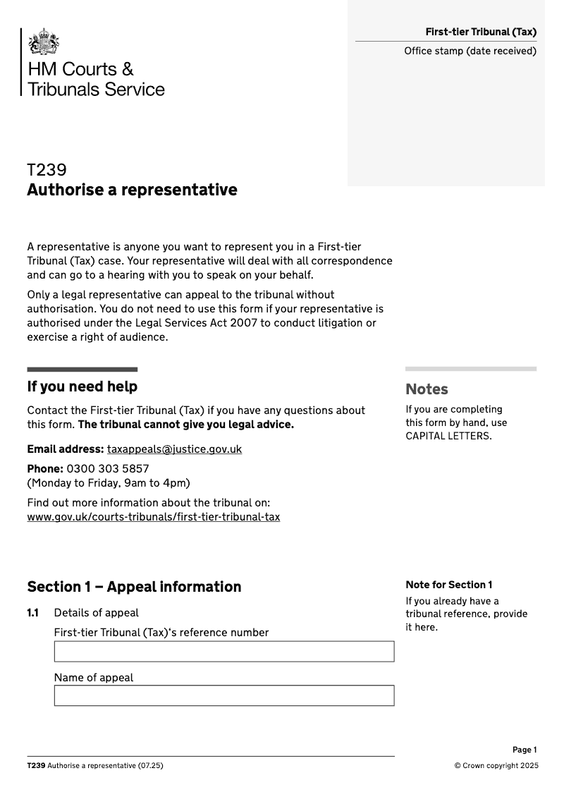 T239 Authorise a representative First tier Tribunal Tax Chamber electronic signature available preview