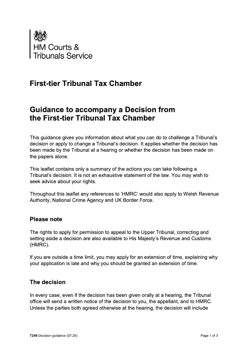 T249 Notes for guidance to accompany a decision from the First tier Tribunal Tax Chamber preview