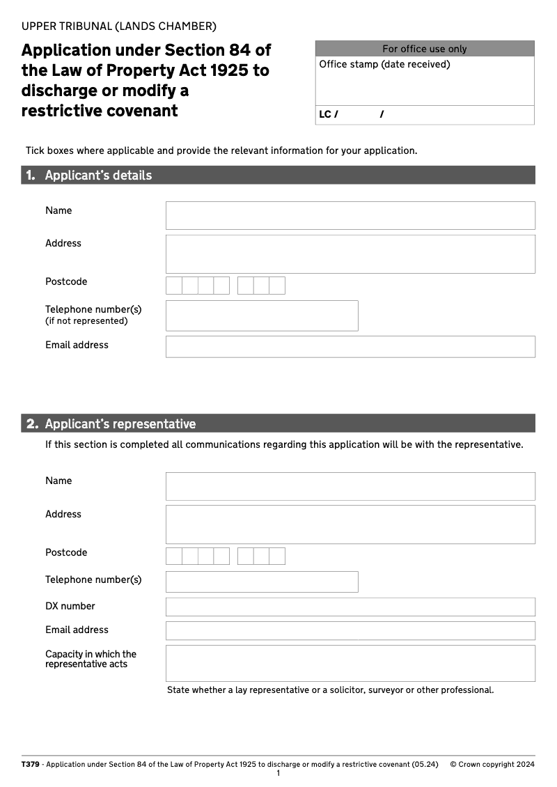 T379 Application under Section 84 of the Law of Property Act 1925 to discharge or modify a restrictive covenant preview