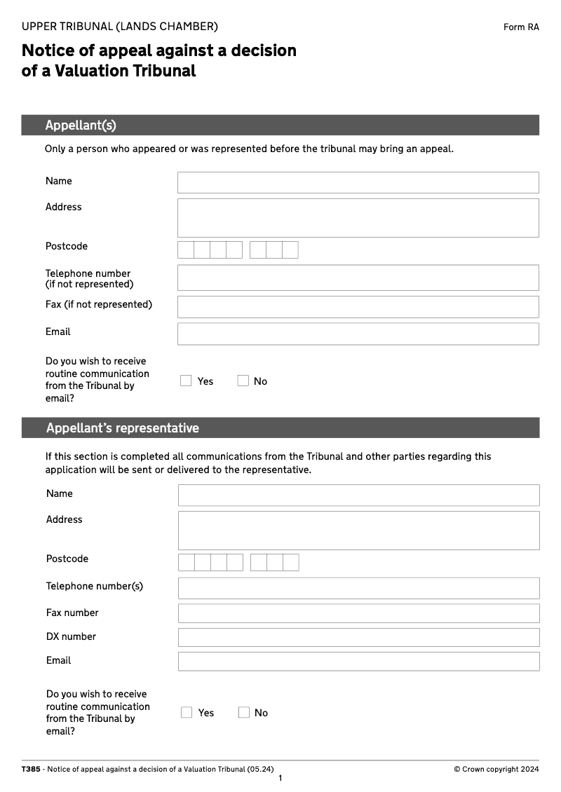T385 Notice of appeal against a decision of a Valuation Tribunal electronic signature available preview