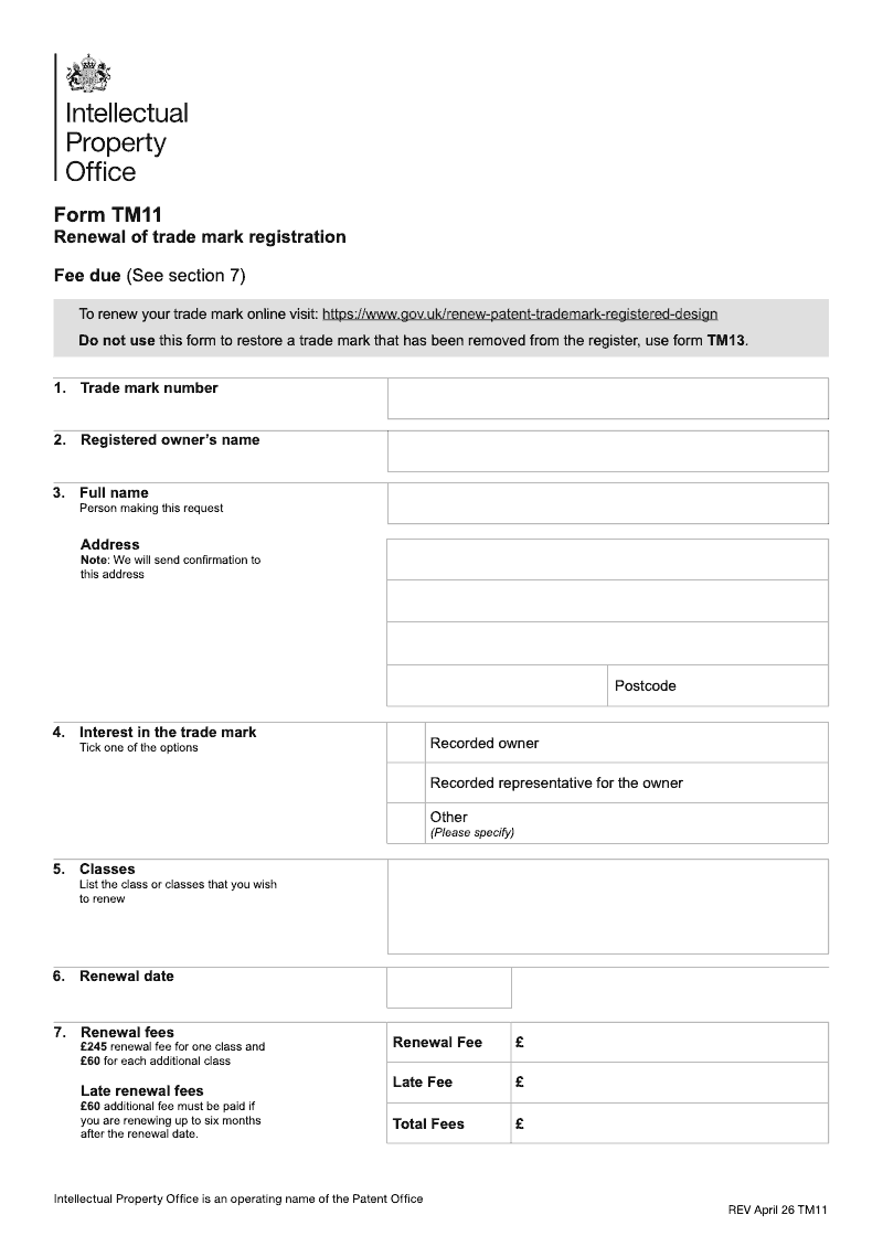 TM11 Renewal of trade mark registration preview