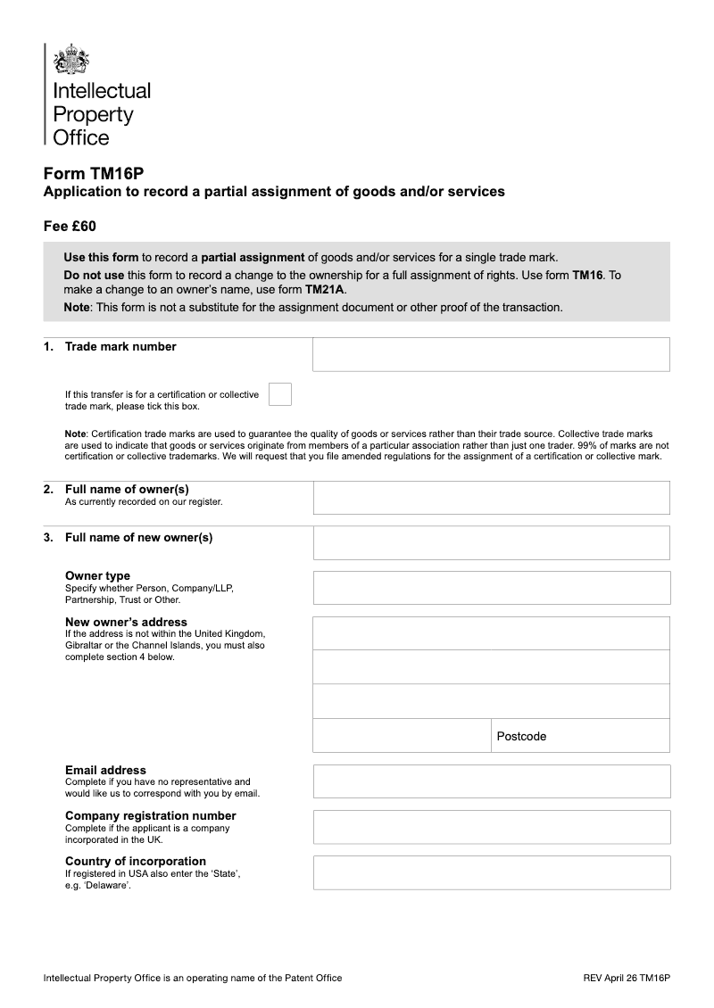 TM16P Application to record a partial assignment of goods and or services preview