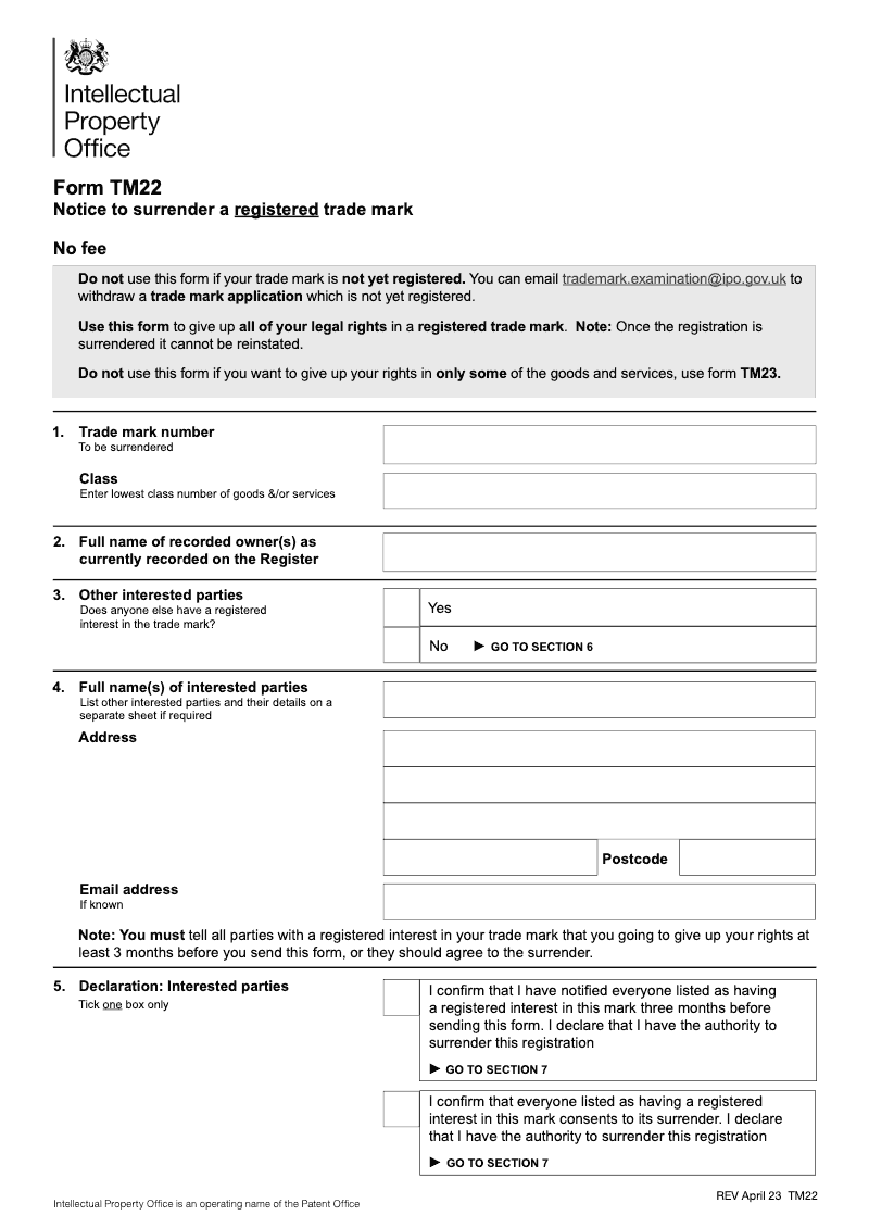 TM22 Notice to surrender a registration preview