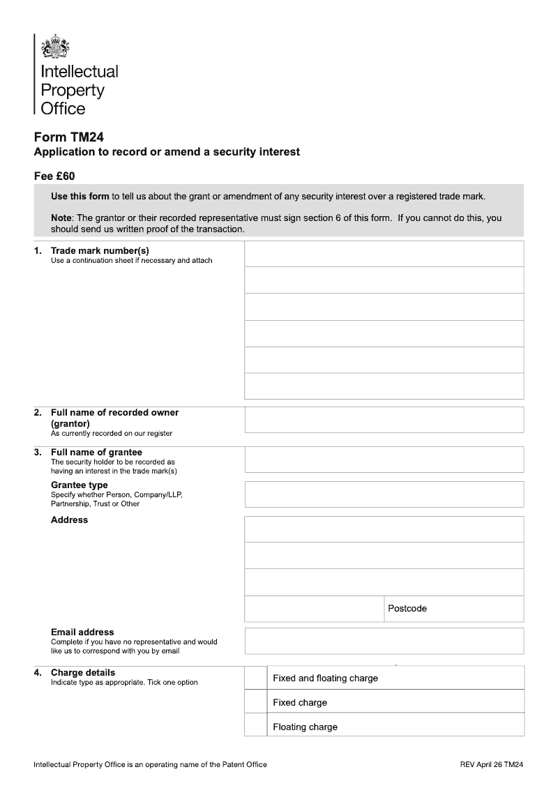 TM24 Application to record or amend a security interest preview