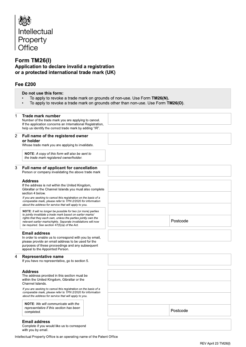 TM26 I Application to declare invalid a registration or a protected international trade mark UK Whole form including sections A B C D and E preview