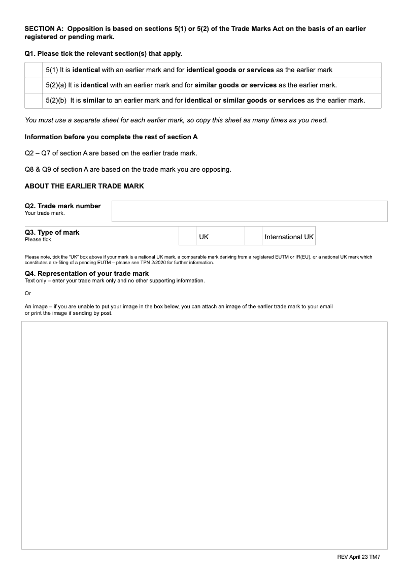 TM7A Opposition is based on Sections 5 1 or 5 2 of the Trade Marks Act on the basis of an earlier registered or pending mark preview