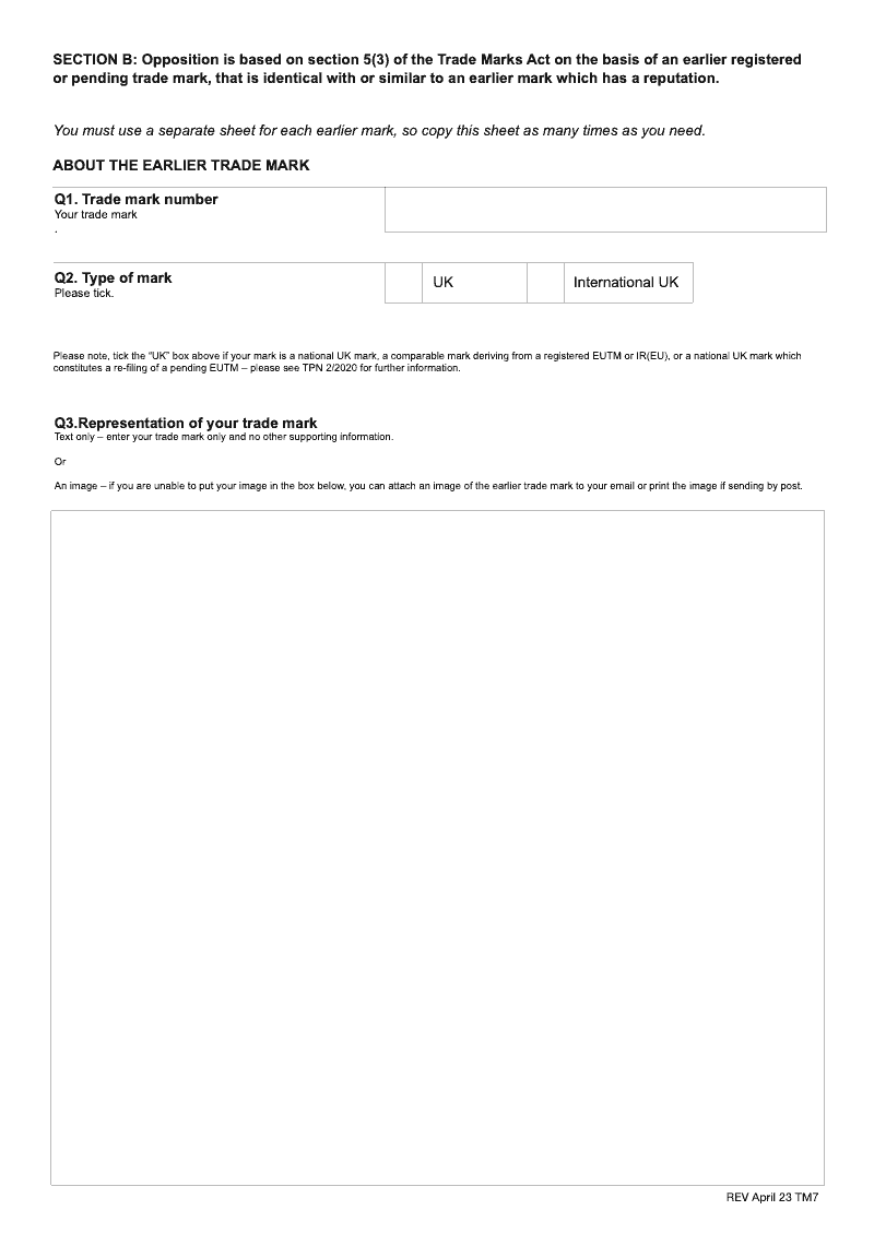 TM7B Opposition is based on Sections 5 3 of the Trade Marks Act on the basis of an earlier registered or pending mark that is identical with or similar to an earlier mark which has a reputation preview