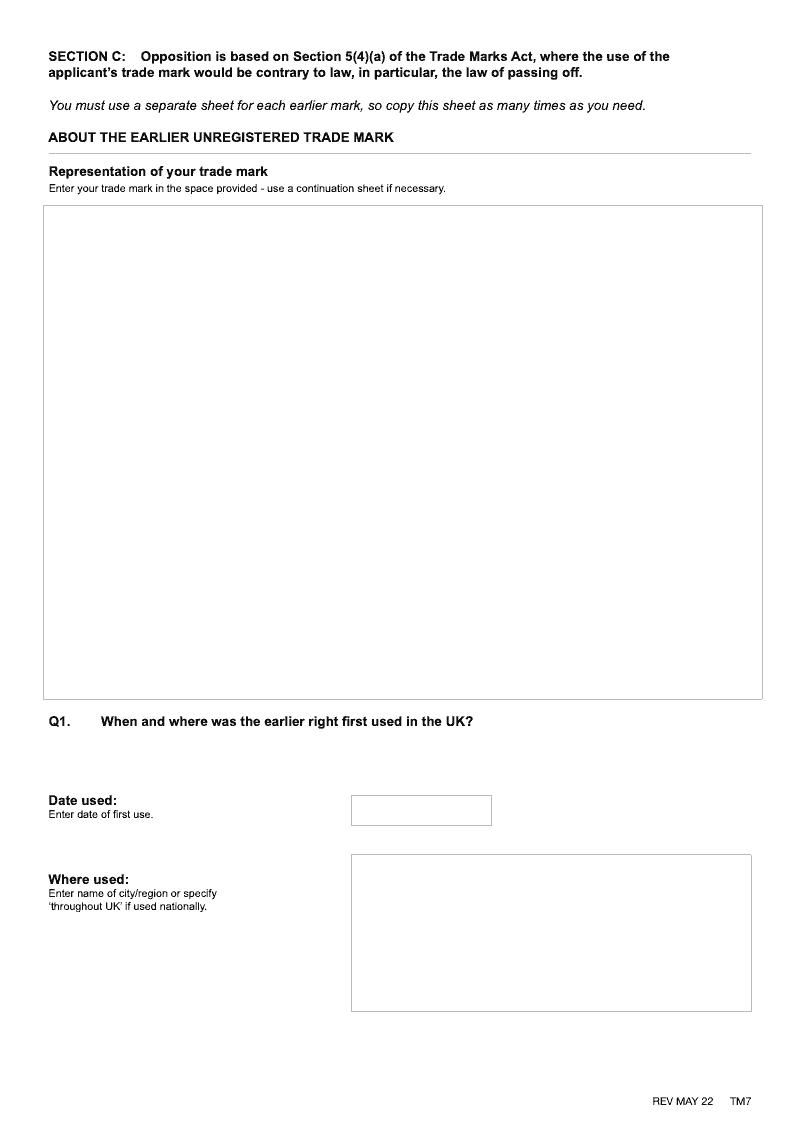 TM7C Opposition is based on Sections 5 4 a of the Trade Marks Act where the use of the applicant s trade mark would be contrary to law particular the law of the passing off preview