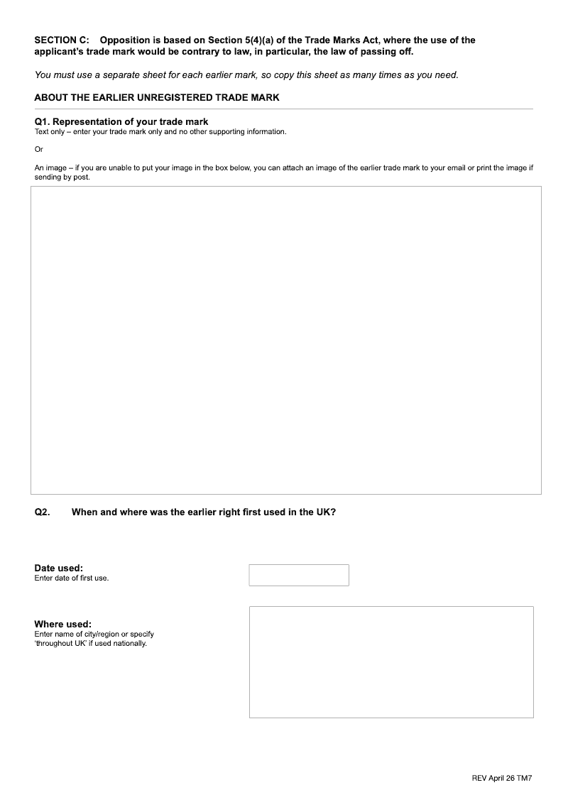 TM7C Opposition is based on Sections 5 4 a of the Trade Marks Act where the use of the applicant s trade mark would be contrary to law particular the law of the passing off preview