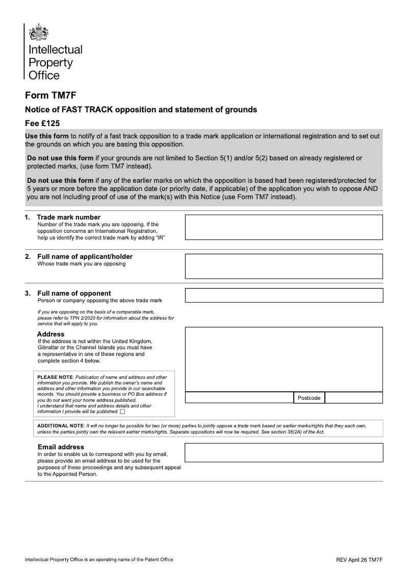TM7F Notice of fast Track opposition and statement of grounds preview