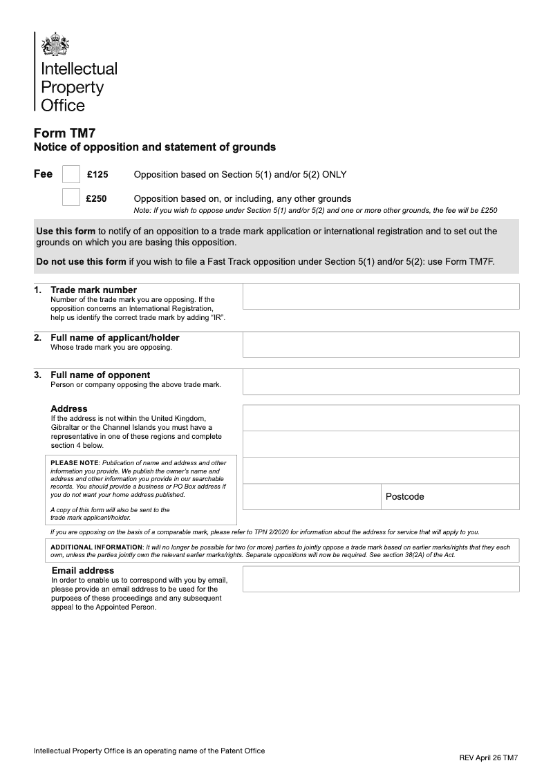 TM7FS Notice of opposition and statement of grounds Compulsory Front Section preview
